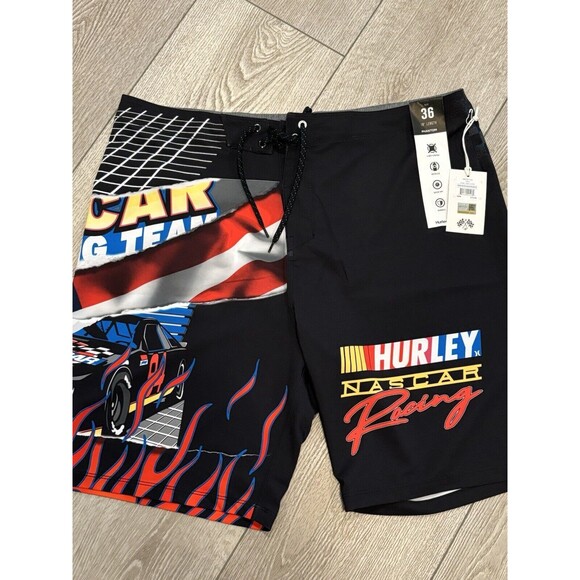 Hurley x Nascar Mens Board Shorts Phantom Racetrack Swim Size 36 Black - Picture 1 of 9
